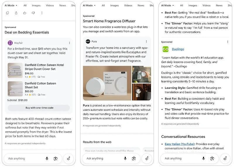 Google AI Mode 广告样式示例